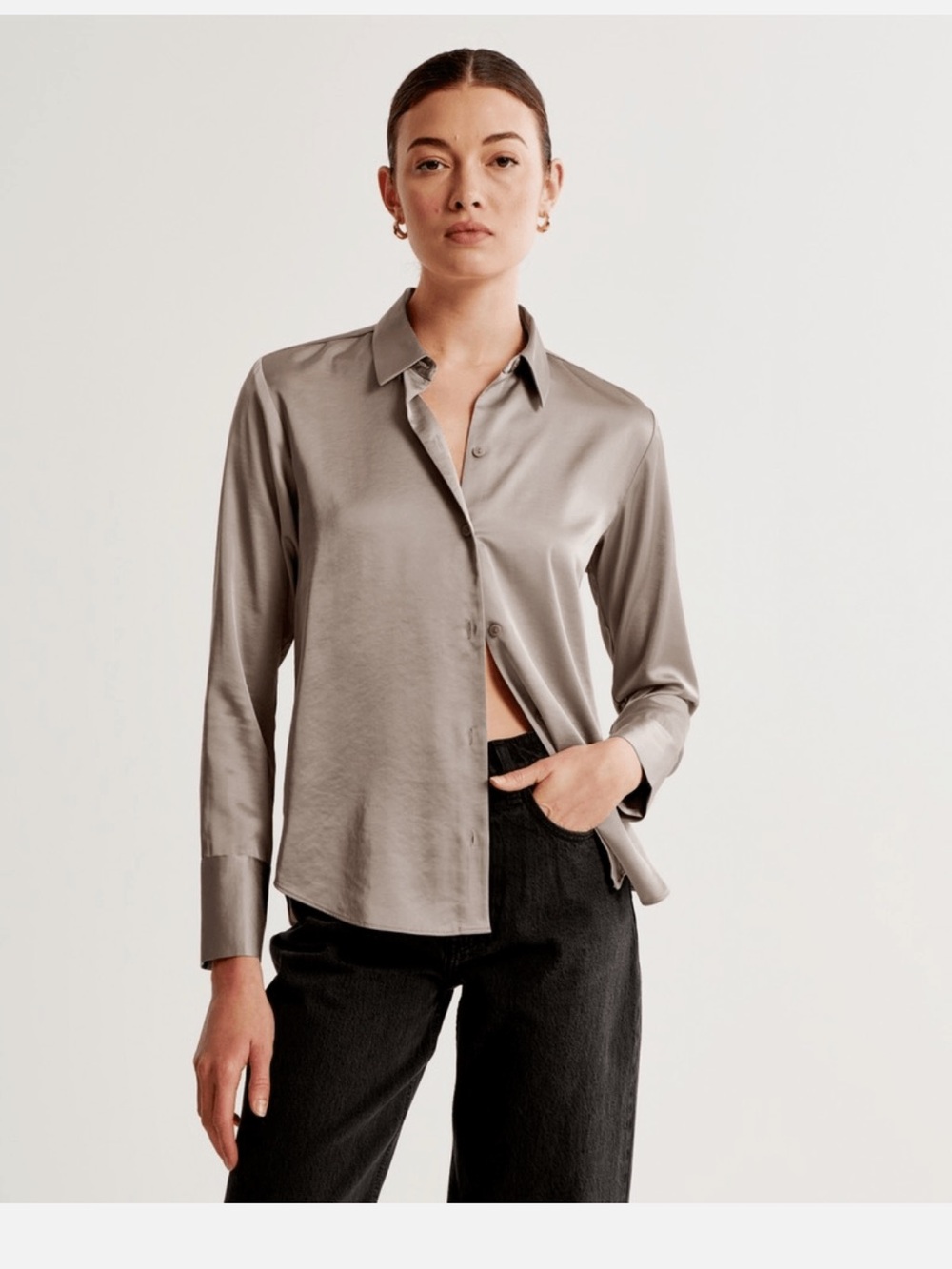 Abercrombie & Fitch Satin Button-Down Shirt in Bronze